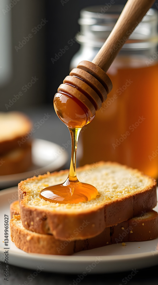 Poster golden honey drizzles from a wooden dipper onto sliced toast, creating a tempting and delicious brea