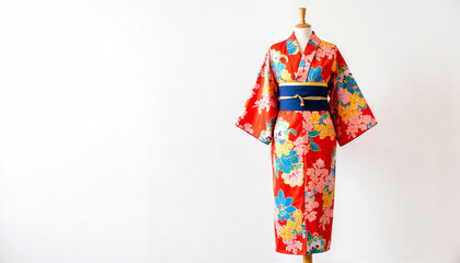 Naklejka premium Colorful kimono displayed on mannequin in boutique, fashion elegance