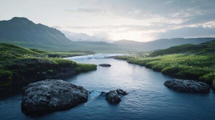 Fototapeta premium Riverside Serenity: A picturesque scene of a river winding through a lush valley, cradled by rolling hills under a soft, diffused sky, with stones and rocks scattered throughout.