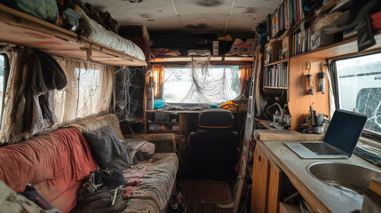 Abandoned camping trailer car interior with loft bed, ragged couch, kitchen sink, desk with laptop, bookshelf and window covered with spider web. Neglected Rv motor home. Cartoon vector illustration