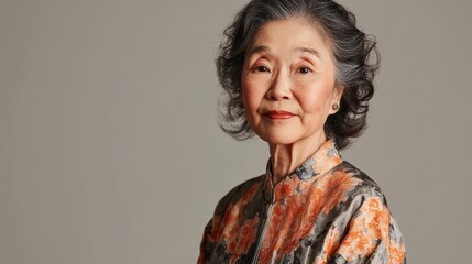 Elderly Asian Woman with Vitiligo in Traditional Chinese Dress