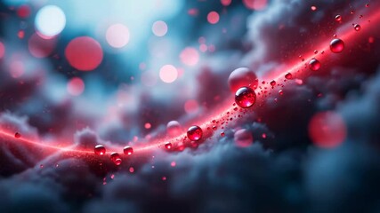 Abstract Fantasy Composition Of Glowing Red Line And Droplets Over Dark Cloud Background