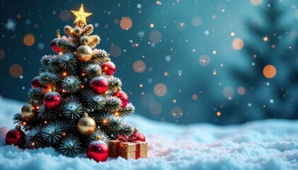 Snowy Christmas tree with ornaments and garland, evergreen trees, holly leaves