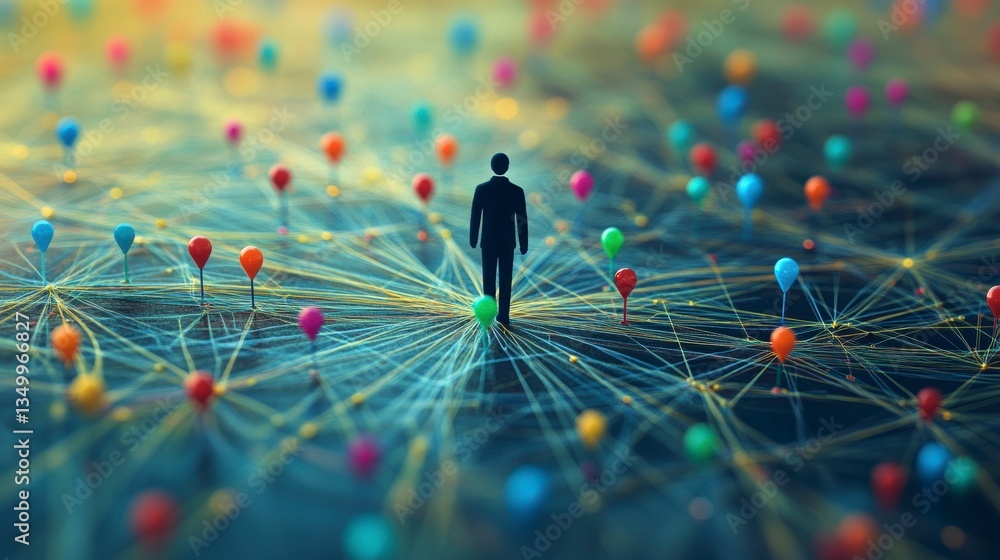 Poster A lone figure stands at the center of a complex network, depicted by colorful pins and interconnected lines, symbolizing connection and navigation.