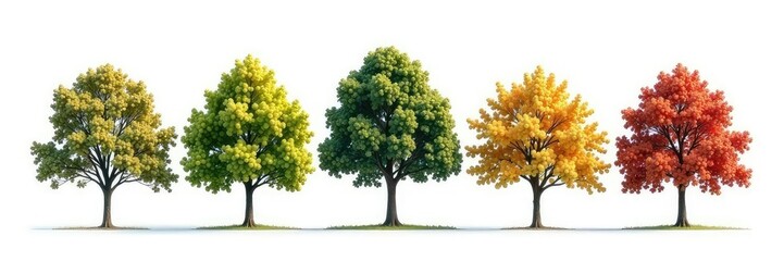 Obraz premium A row of isolated tree branches in shades of brown and green on a white background, solitude, minimalist