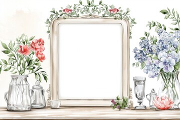 Ornate blank frame elegantly placed on a mantel against beautifully painted floral bouquets in glass vases and antique decor