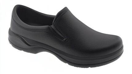 Black slip-on work shoe, studio shot, clean background, for catalog or website