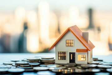 A miniature house with glowing windows sits on stacks of coins against a blurred cityscape, symbolizing real estate investment, financial security, and homeownership. Ideal for housing and finance