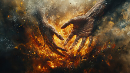 Naklejka premium A dramatic perspective of hands grasping in desperation at the edge of a collapsing pit, fire reflecting in the swirling dust, the silent weight of divine justice captured in a single moment,