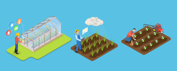3D Isometric Flat Vector Illustration of Smart Farming Technologies, Precision Agriculture Sensors