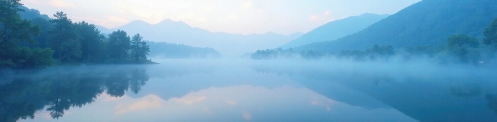 Fototapeta premium Soft blue light of morning fog rolling over a peaceful lake, nature, mist