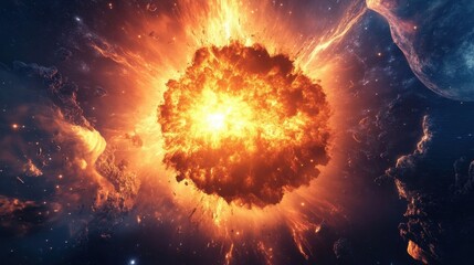 Fototapeta premium Cosmic Cataclysm: Witness a spectacular supernova in a vast galaxy, a celestial event of immense power and beauty, painted with vibrant colors and swirling nebulas.