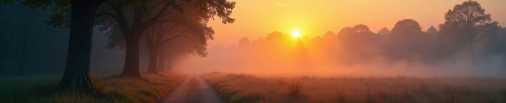 Soft fog veils centuries old woods, sunrise warms the air, nature, serene, dawn