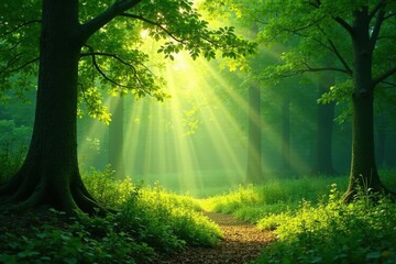 Soft green forest with sunbeams dancing through leaves and branches, creating dappled light on forest floor,  sunlight filtering,  natural light,  forest
