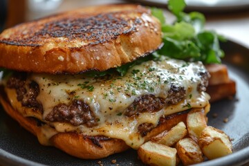 Juicy Double Cheeseburger with Melted Cheese and Crispy Potato Wedges