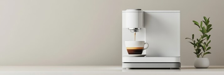 Fresh Brew Coffee Machine Minimalist Design - Modern coffee machine brewing espresso, symbolizing morning routine, energy, comfort, and relaxation. Enjoy a delicious cup