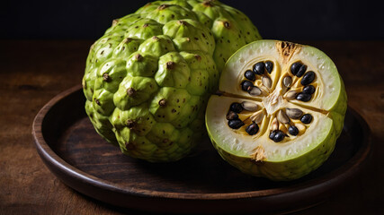 Cherimoya fruit on wooden plate showing its inside with seeds