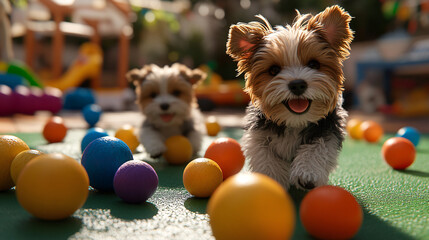 Two adorable puppies frolicking joyfully in a backyard surrounded by fresh eggs representing playdates and the joy of canine friendship.