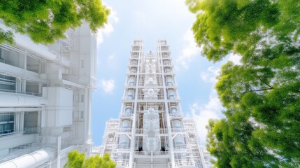 Fototapeta premium Modern industrial building with lush greenery. Towering white structure surrounded by trees against a clear sky