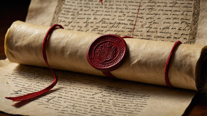 Ancient scroll sealed with red wax resting on historical document