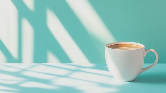 White mug with coffee on a teal surface with light shadows