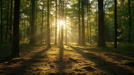 Obraz premium Sunlit Forest Canopy: Sunlight streams through a dense canopy of towering trees, illuminating the forest floor with a magical, golden light, creating an ethereal and awe-inspiring scene.