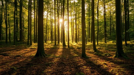 Obraz premium Forest Sunlight: Sunlight streams through the trees of a dense forest, creating a captivating play of light and shadow. The trunks of the trees stand tall and proud.
