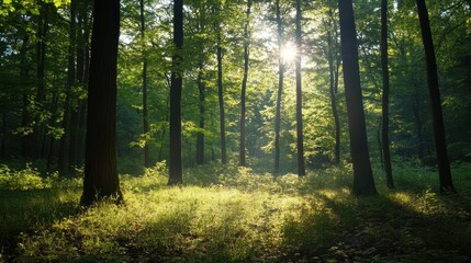 Fototapeta premium Sun-Kissed Forest: Sunlight streams through the lush canopy of a dense forest, illuminating the vibrant greenery and creating a serene atmosphere.