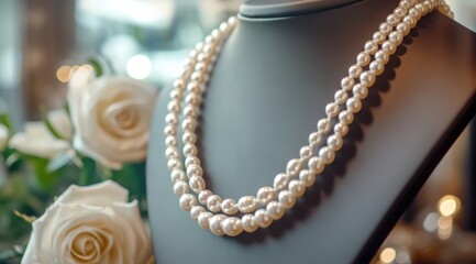 Elegant pearl necklace displayed on mannequin with roses jewelry store photography indoor close-up luxury fashion