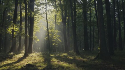Fototapeta premium Sun-Dappled Forest: A vibrant forest bathed in sunlight, creates an inviting and refreshing atmosphere with the gentle rays of light filtering through the canopy.