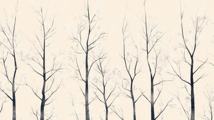 Fototapeta premium Winter Tree Silhouette Light Tan Background - Serene winter landscape, minimalist design, five bare trees, light tan background, peaceful atmosphere. Symbolizing: stillness, nature, winter