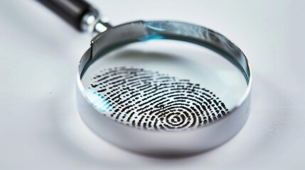 Close-up view of a fingerprint under a magnifying glass on a white surface revealing intricate patterns