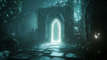 Fototapeta premium Door opening with glow, discovery, opportunity, exit concept with light shine from open doorway in dark room with sparks or mysterious radiance inviting to enter, Realistic 3d vector illustration