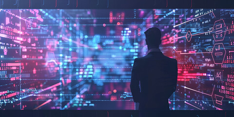 Businessman analyzing digital cyber data on futuristic holographic screen, AI-driven analytics
