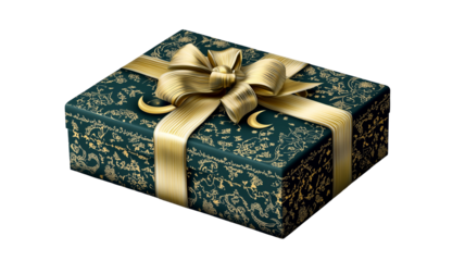 Gift Box Wrapped in Green Paper with Gold Patterns Featuring an Elegant Golden Ribbon Bow for Festive Occasions - Eid Mubarak 2025 PNG Isolate Transparent Islamic Object Festive Banner 4K Background