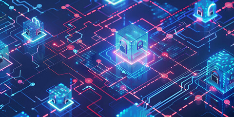 Futuristic digital blockchain network with glowing neon nodes, decentralized technology concept
