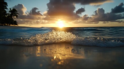 Fototapeta premium Golden sunrise over tranquil beach waves. Ocean waves gently crashing on the shore at dawn. Sun's rays illuminate the foamy water. Peaceful, tropical ambiance
