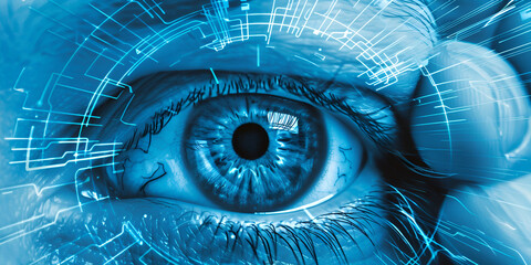 Close-up of cybernetic eye with futuristic digital interface, biometric technology concept
