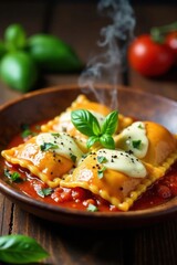 Steaming ravioli with melted mozzarella and fresh basil on a wooden plate , table, home