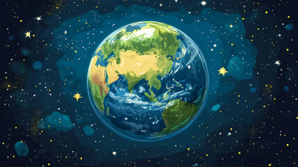 Obraz premium Story of the Earth poster with sphere of planet in outer space with stars. Vector flyer with cartoon illustration of living planet with green continents and blue ocean in cosmos