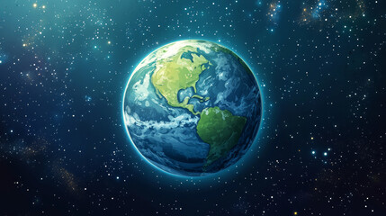 Obraz premium Story of the Earth poster with sphere of planet in outer space with stars. Vector flyer with cartoon illustration of living planet with green continents and blue ocean in cosmos