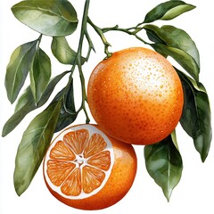 Two Ripe Oranges on Branch with Green Leaves