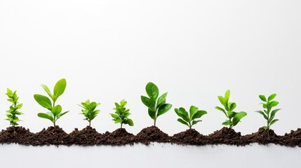 Growing Green: A of Saplings - Symbolizing growth, nature, development, sustainability, and the future. A row of small green plants growing in soil against a white background