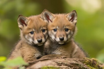 Fototapeta premium Adorable Wolf Cubs Playing in a Natural Setting: Small Wild Creatures with Soft Fur