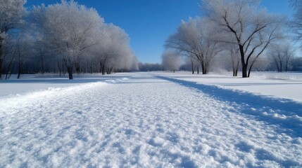 Fototapeta premium Snowy path through winter wonderland. Freshly fallen snow blankets the ground, forming a pristine path that winds through a frosty forest. 