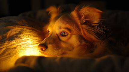 Thoughtful dog pondering in a quiet room filled with soft warm light creating an atmosphere of calm and reflection in its environment.