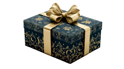 Gift Box with Blue Wrapping and Gold Patterns Featuring a Large Ribbon Bow for Elegant and Festive Occasions - Eid Mubarak 2025 PNG Isolate Transparent Islamic Object Festive Banner 4K Background