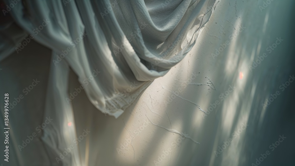 Aufkleber light filtering through sheer fabric creates soft shadows on a textured wall in a tranquil indoor sp