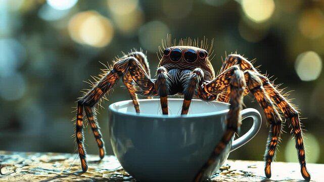 Spider in cup of coffee. Tarantulas and spiders in a coffee mug. A blurred light beam in the background. A spider in a mug of coffee lifestyle.