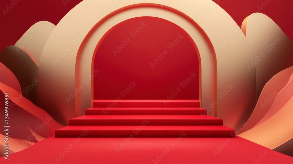 Poster Red and beige abstract archway with stairs, 3D rendering.